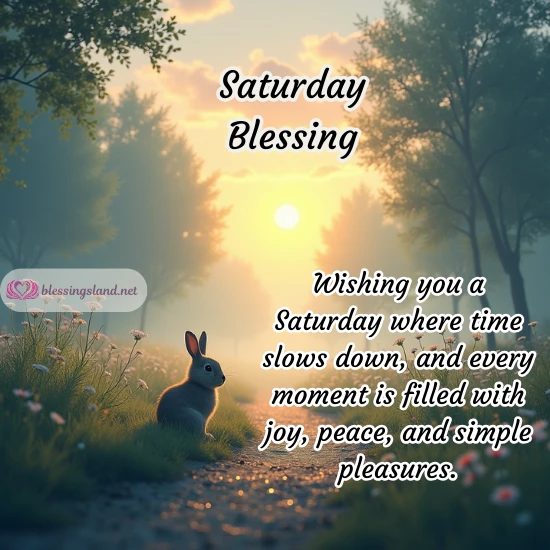 Saturday morning blessings with rabbit, serene forest, and sunrise.