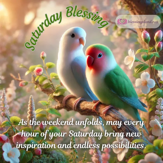 Colorful lovebirds perched amid blossoms, spreading joy and inspiration Saturday morning.