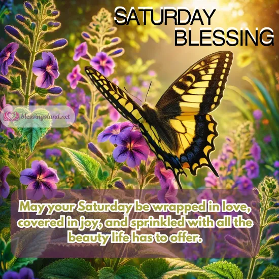 Vivid butterfly graces colorful blooms, bringing Saturday blessings to life.