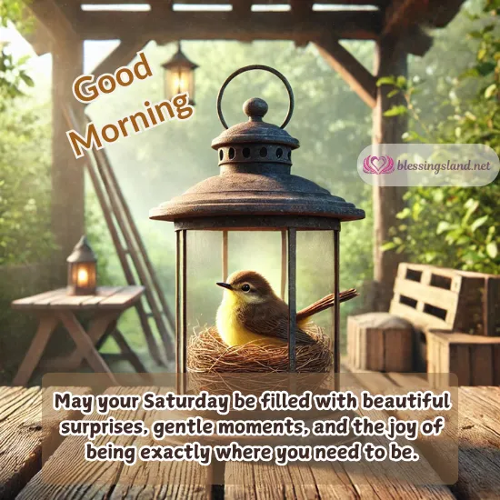 Good morning Saturday lantern image featuring a bird and tranquility.