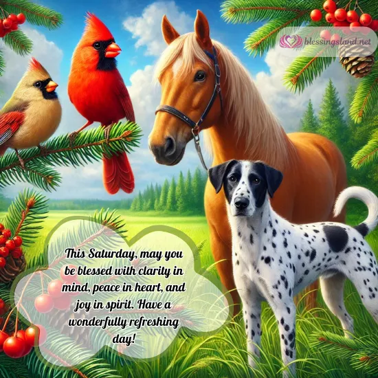 Cardinals, horse, and Dalmatian in serene greenery, celebrating refreshing Saturday.