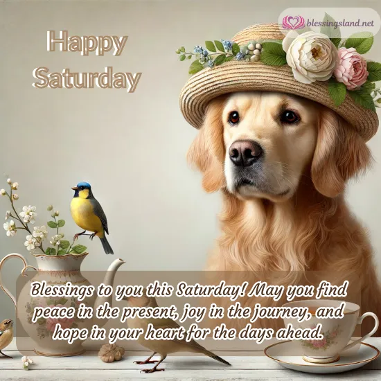 Saturday blessings with a golden retriever, flowers, birds, and joy.