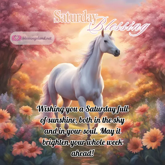 Graceful horse surrounded by sunshine and flowers, welcoming beautiful Saturday.