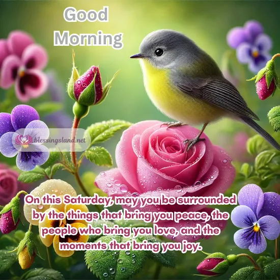 Saturday blessings with cheerful bird, vibrant flowers, and peaceful atmosphere.