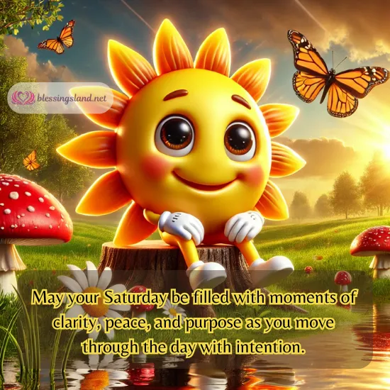 Cheerful Saturday scene featuring a smiling sun and butterflies.