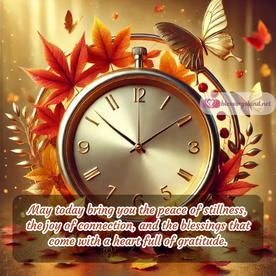 Autumn Saturday blessings with clock, golden leaves, and peaceful aura.