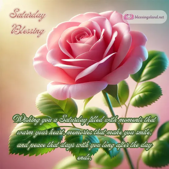 Delicate pink rose with Saturday blessings for peace and joy.