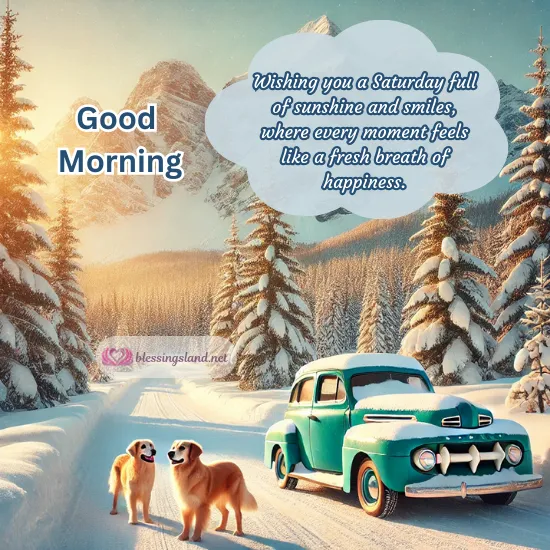 Winter Saturday blessings with cheerful dogs, vintage car, snowy backdrop