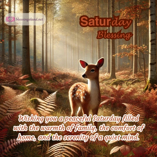 Saturday blessings with deer in sunlit autumn forest serenity.