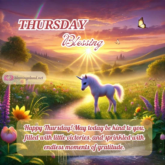 Thursday featuring unicorn amidst dreamy flowers, butterflies, and serene meadow.