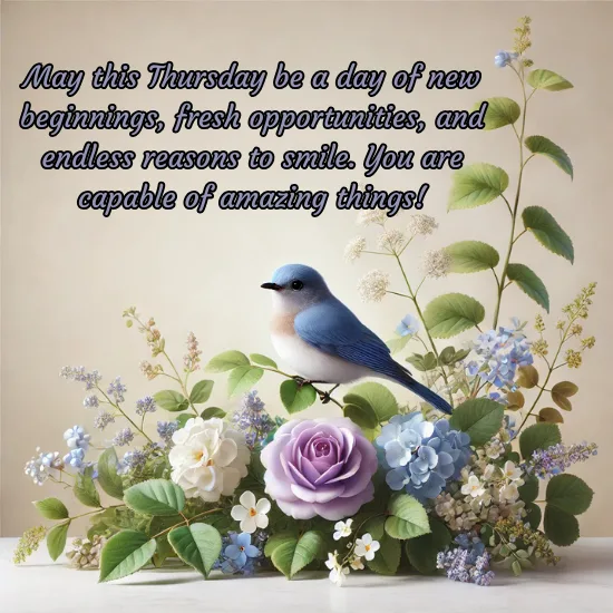 Thursday showcasing bluebird perched on flowers, symbolizing hope and beauty.