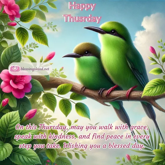 Happy Thursday with green birds perched amidst vibrant pink blossoms.