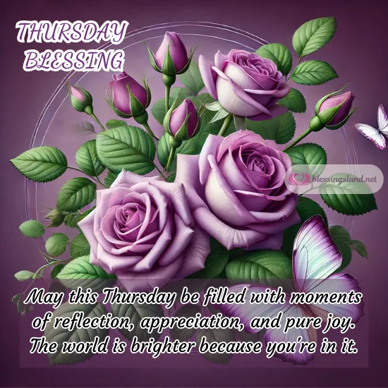 Thursday with purple roses and butterflies symbolizing joy and beauty.