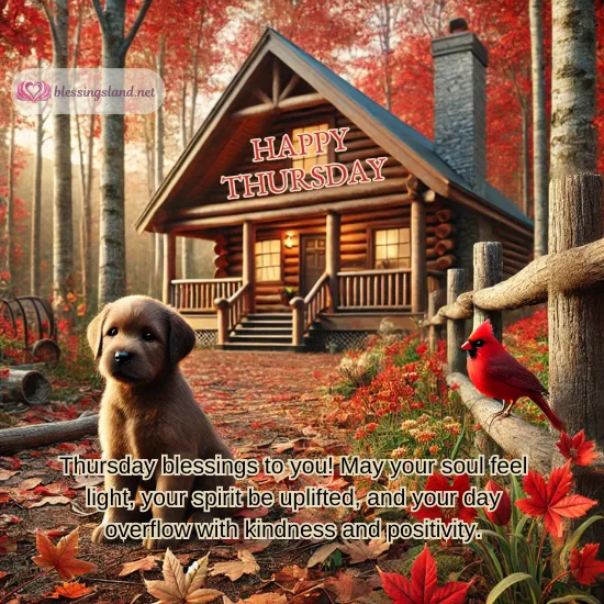 Happy Thursday with cozy cabin, puppy, and autumn scenery radiating peace.