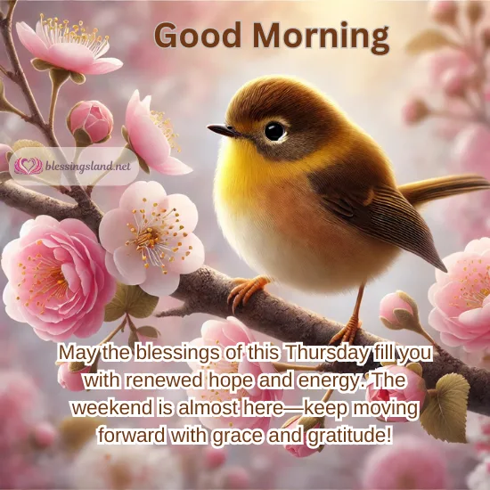 Good Morning Thursday with cheerful bird and blooming cherry blossoms.