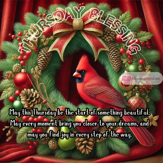 Thursday featuring vibrant cardinal amidst festive wreath spreading joyful vibes.