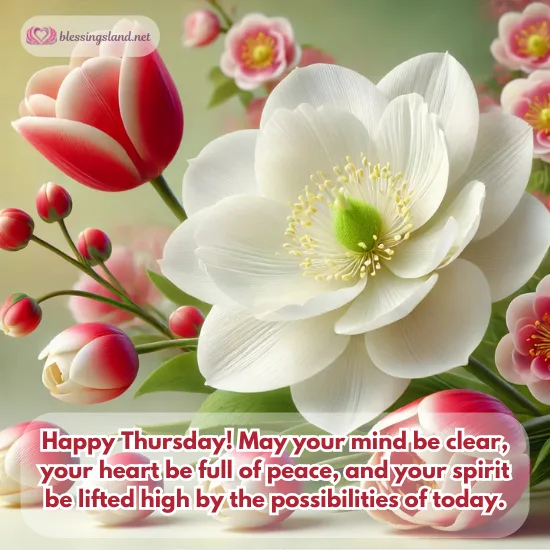 Thursday featuring tulips and white flowers symbolizing peace and clarity.