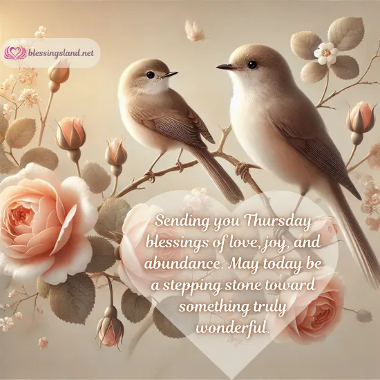 Softly illustrated lovebirds and roses sharing a beautiful Thursday theme.