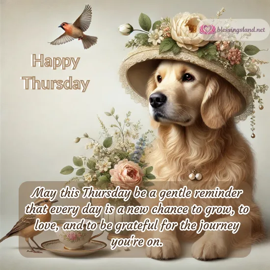 Golden retriever with floral hat and a bird, Thursday gratitude reminder.