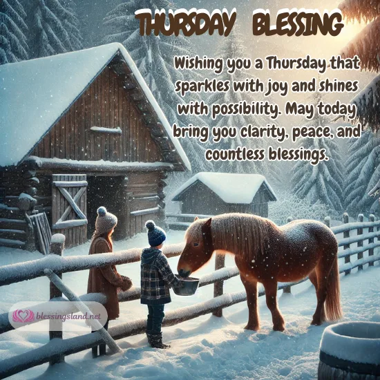 Thursday: Snowy barn scene with children and horse feeding.