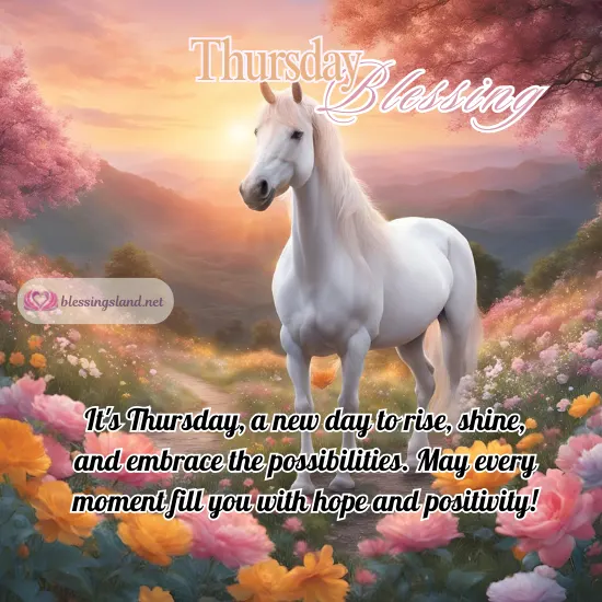 Thursday with horse surrounded by blooming flowers and sunrise.