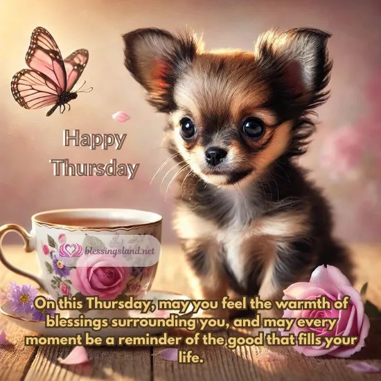 Puppy with teacup and butterfly, radiating warmth and joy, Thursday.