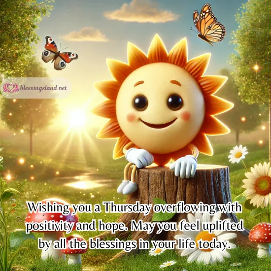 Smiling sun with butterflies and daisies, radiating positivity, Thursday.