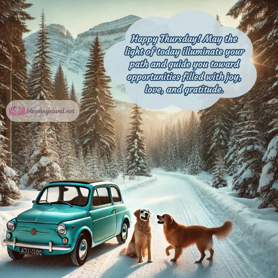 Winter scene with dogs and car, bringing joy, Thursday vibes.