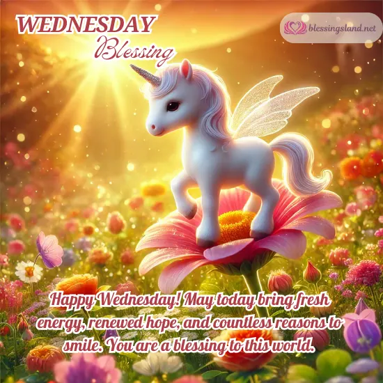 Magical unicorn on flowers surrounded by inspirational Wednesday message.