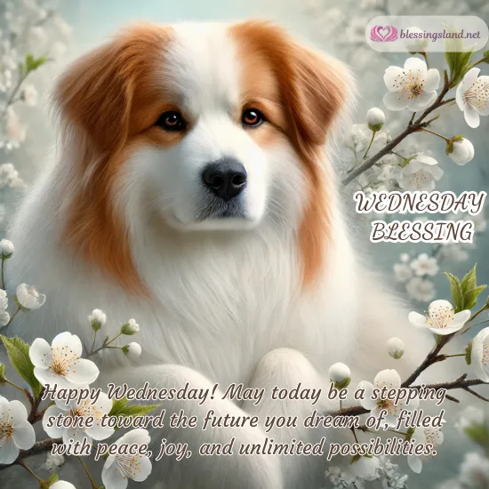 Fluffy dog surrounded by blossoms with heartfelt Wednesday positivity.