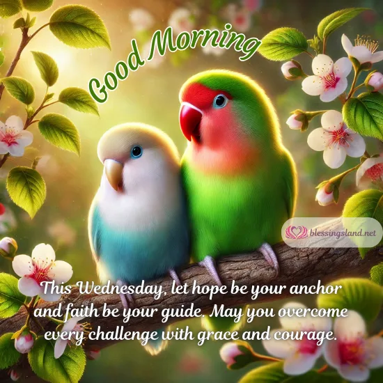 Two colorful lovebirds surrounded by flowers with uplifting Wednesday message.