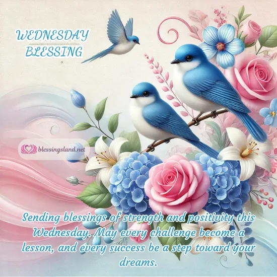 Two bluebirds and roses celebrating positivity with Wednesday message.