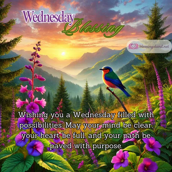 Scenic sunrise with colorful bird and flowers sharing Wednesday positivity.