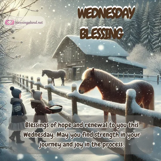 Snowy barn and peaceful farm animals with winter Wednesday blessing.