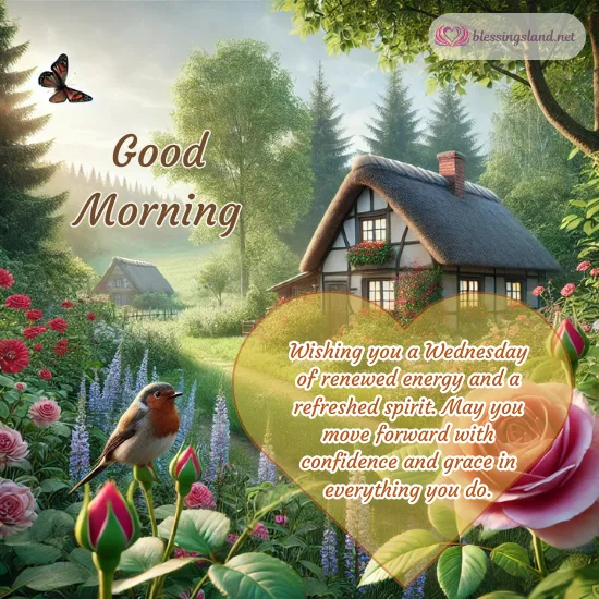 Charming garden house scene spreading Wednesday positivity and morning energy.