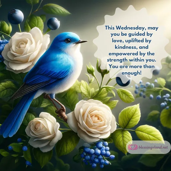 Bluebird perched on roses reflecting kindness, strength, and Wednesday spirit.