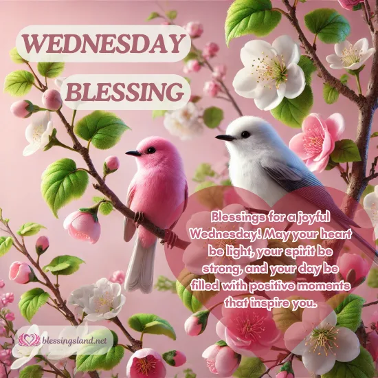 Pink and white birds on blossoms sharing joyful Wednesday energy.