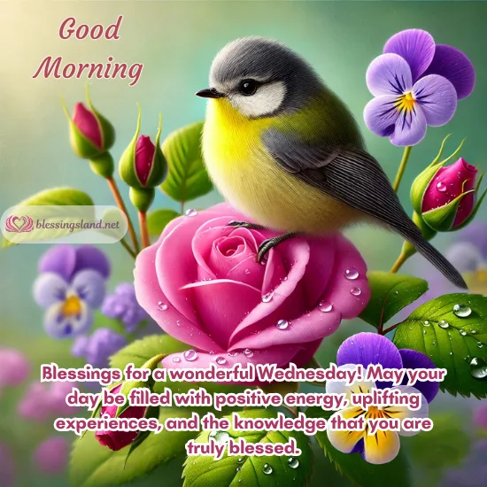 Pink rose and bird depicting uplifting and joyful Wednesday.