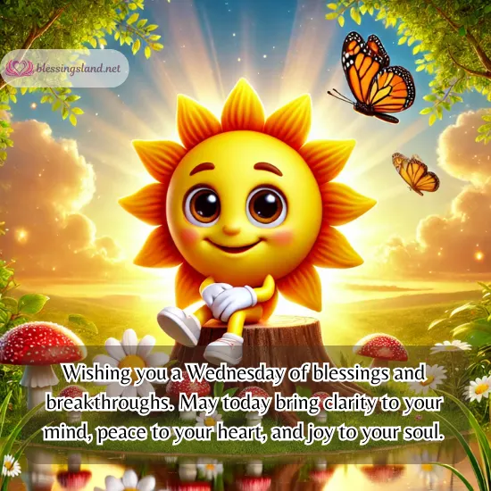 Smiling sun with butterflies radiates joy and Wednesday energy.