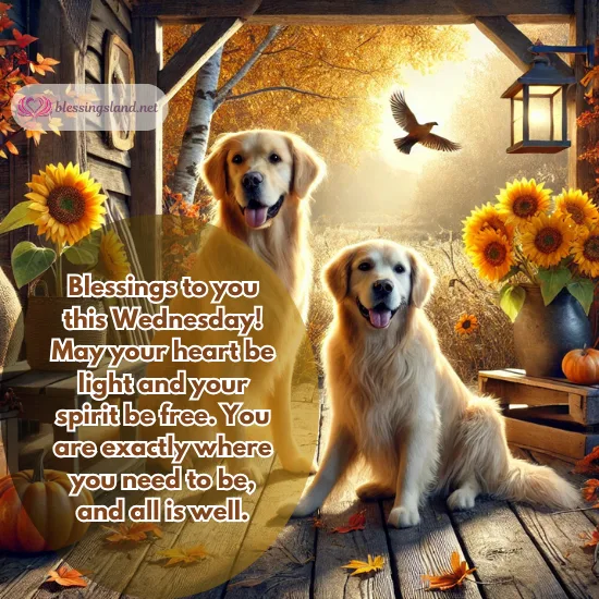 Golden retrievers and sunflowers in a serene Wednesday setting.