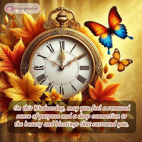 Clock and butterflies symbolize renewal and time's Wednesday grace.